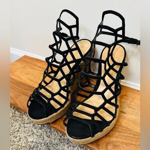 SCHUTZ Gladiator Wedge Espadrille Black Genuine Leather Strappy Sandals 40 NWOT
